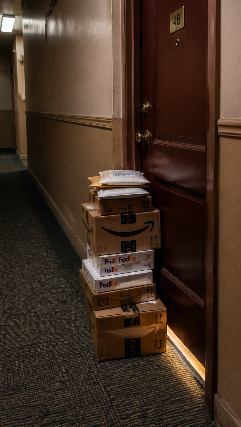 Stack of unopened delivery packages outside apartment door 4B in a fluorescent-lit hallway — frame from an AITA video about a misdelivered package