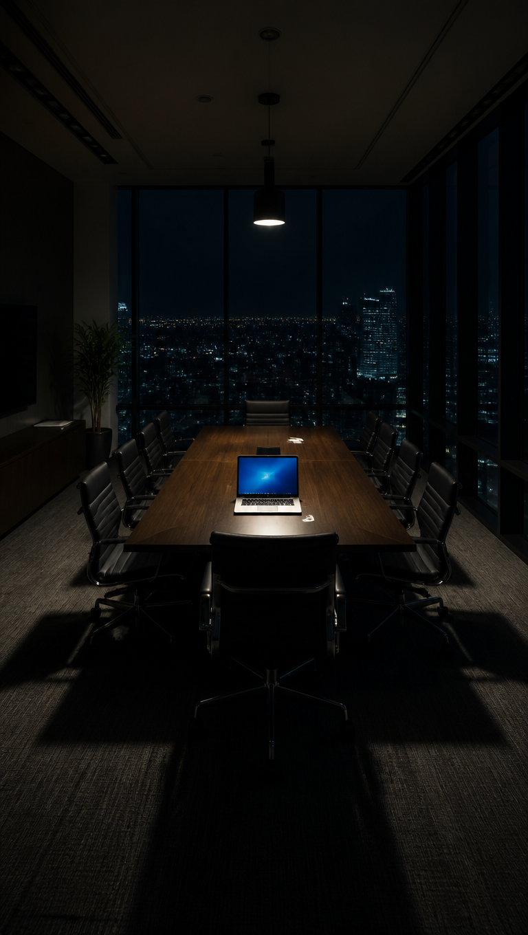 Empty corporate office meeting room at night with a single open laptop on a polished conference table — frame from an AITA video about a 2 AM work email