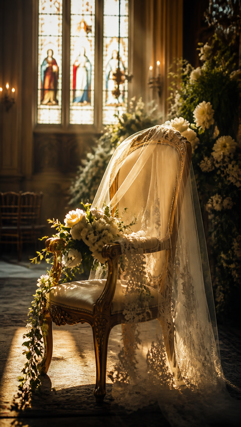 Empty bridal chair at a wedding venue decorated with white flowers — frame from an AITA video about skipping a sister's wedding