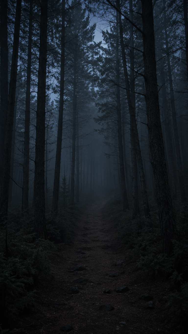 Narrow dirt path leading into a dense foggy pine forest at dusk, disappearing into darkness — frame from an AI-generated horror story video