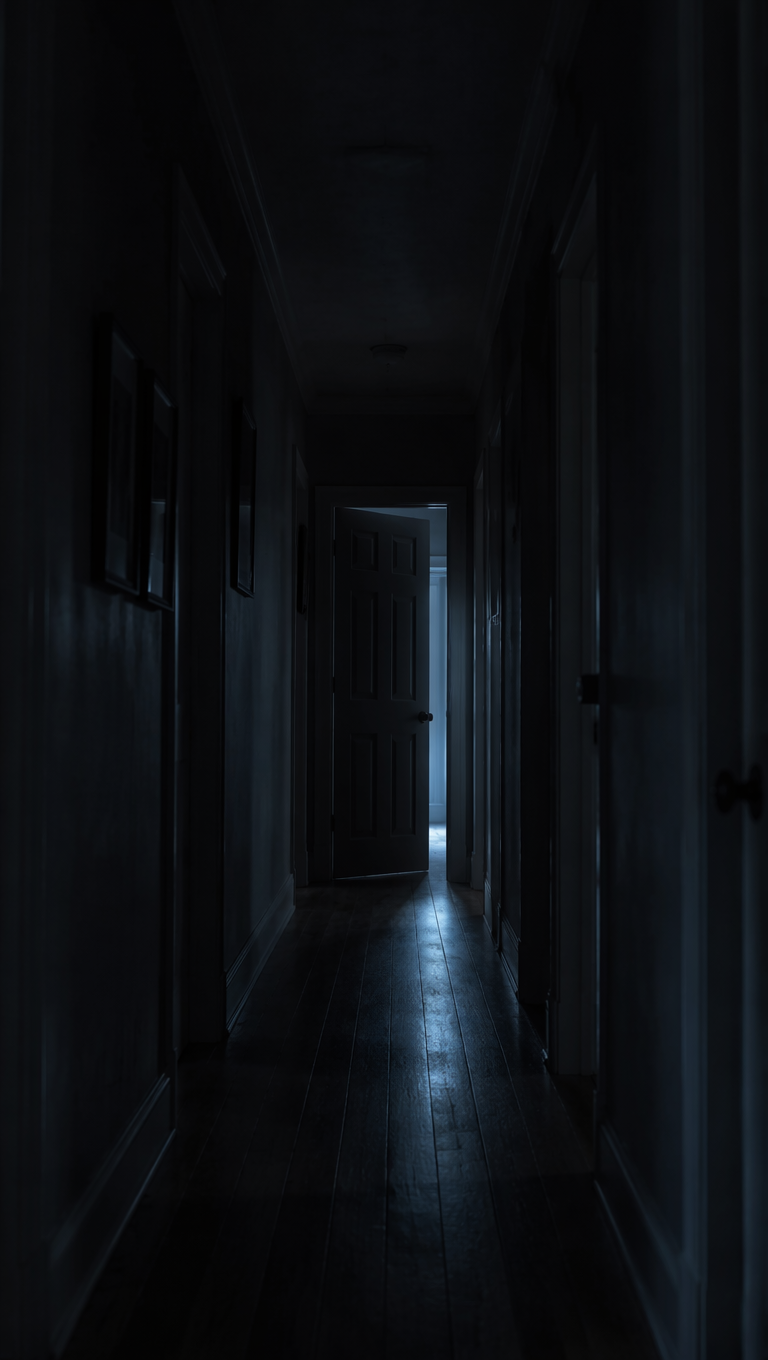 Long empty residential hallway at night with one far door slightly ajar leaking cold blue light — opening frame from a faceless scary story video