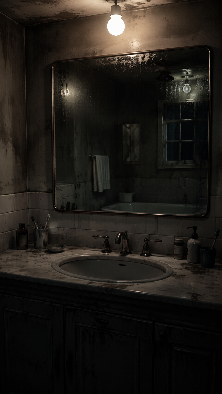 Dim vintage bathroom at night with a fogged mirror reflecting an empty room and a flickering bare bulb — frame from a faceless horror video