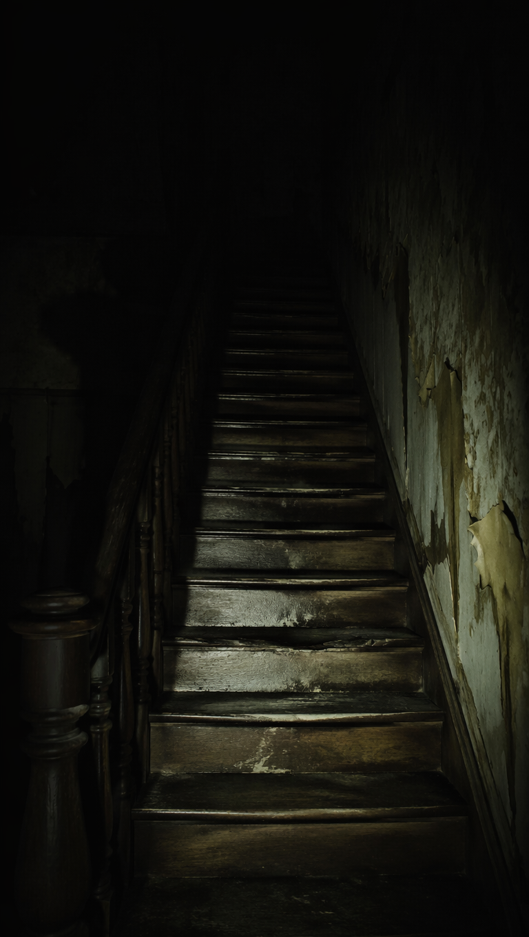 Old wooden staircase in a dark house lit only from below by sickly light, the top swallowed in black — frame from a scary story video about footsteps