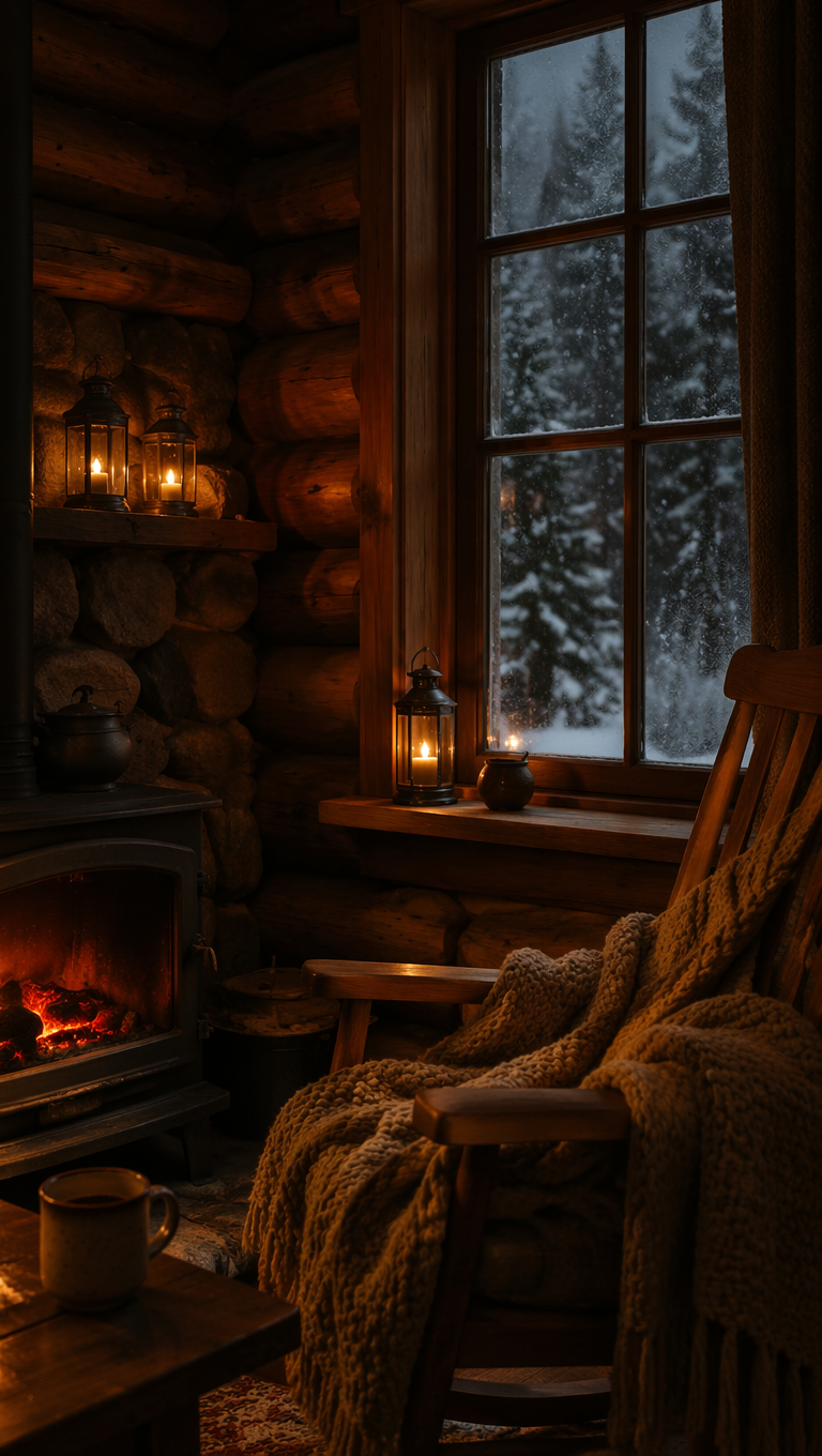 Cozy log cabin interior at night with glowing fireplace embers and snow falling outside the window — frame from an AI-generated sleep story video set in a winter cabin