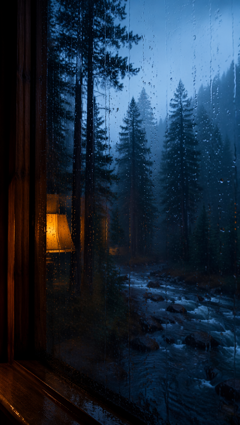 View through a rain-streaked window into a misty pine forest at dusk with warm amber lamp light reflected on the glass — frame from a sleep story video generator output