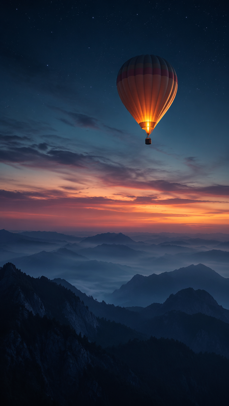 Single warm-lit hot air balloon drifting above distant misty mountain ranges at deep blue dusk with stars starting to appear — frame from an AI sleep story video