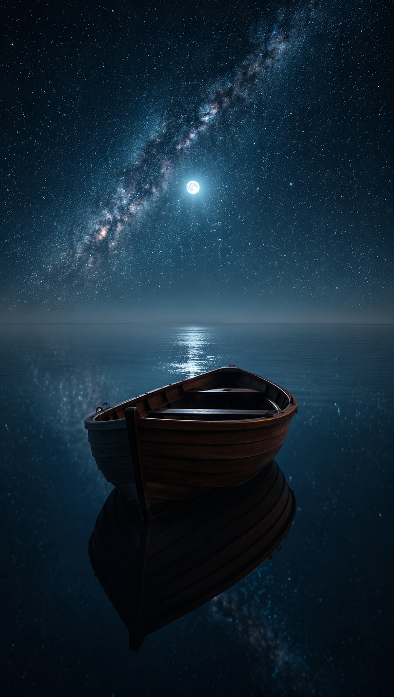 Single empty rowboat on a mirror-still ocean at night under a starlit sky with the Milky Way visible — frame from a sleep story video about drifting at sea