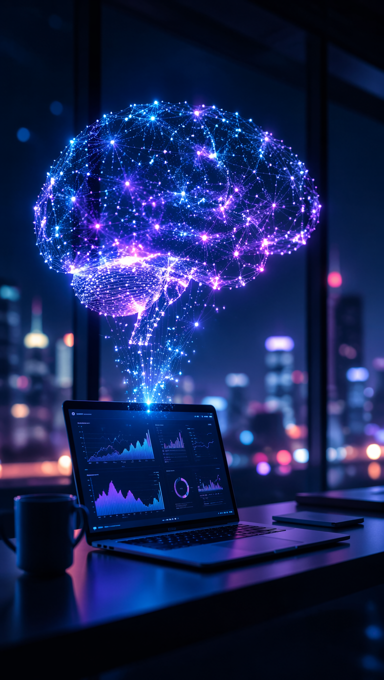 Glowing neural-network brain of light particles above a laptop showing graphs — opening frame from an AI news YouTube Short made without showing a face