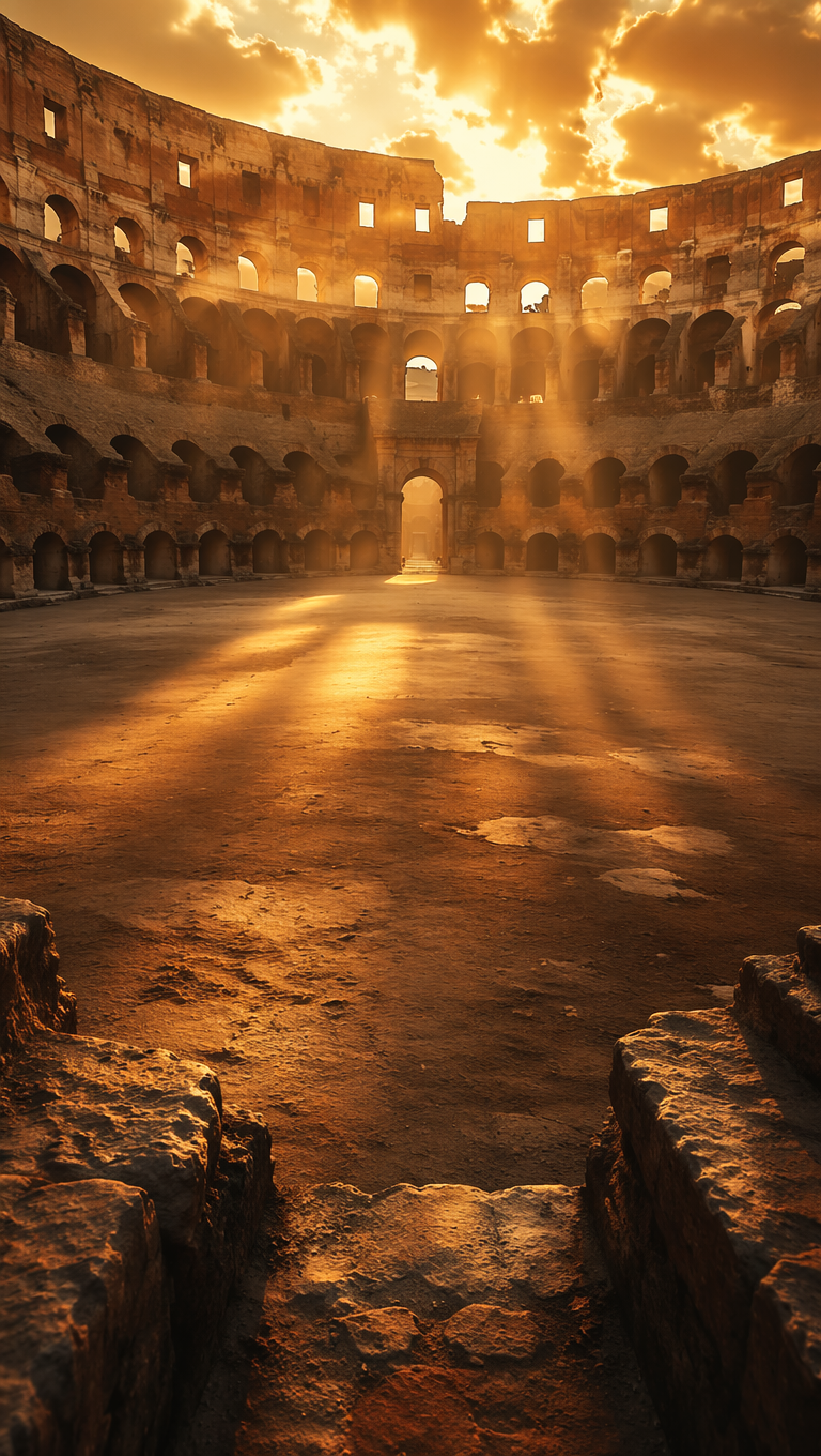 Ancient Roman colosseum interior at golden hour with light shafts through the arches — frame from a history-explainer YouTube Short