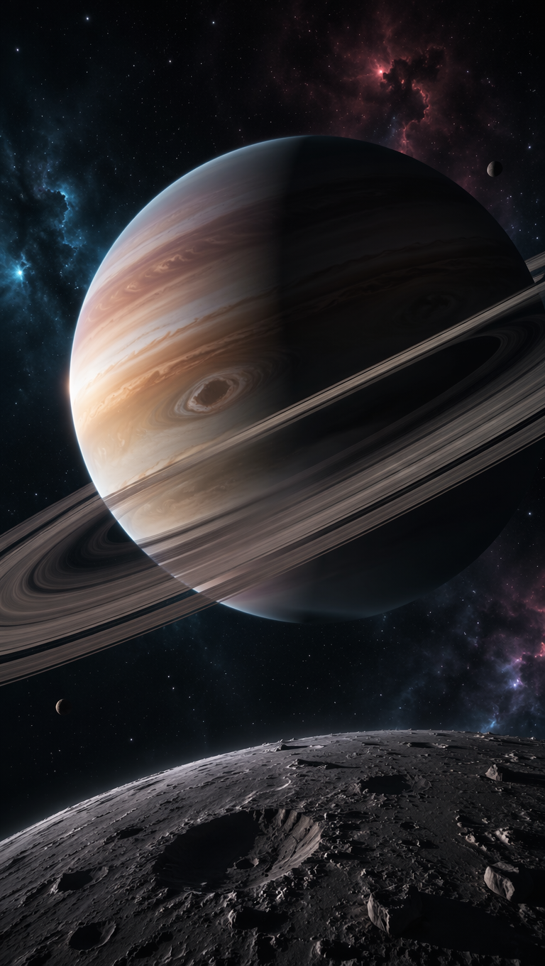 Ringed gas-giant planet looming over a small moon in a deep starfield with faint nebula glow — frame from a space facts YouTube Short