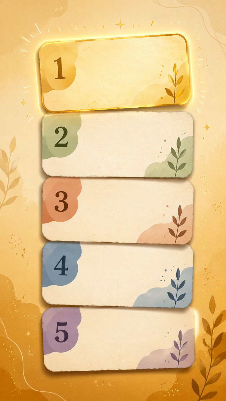 Five numbered cards stacked in a warm amber gradient, top card glowing gold — frame from a top-5 list YouTube Short